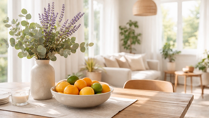 Čistý a provoněný moderní byt s přírodními dekoracemi a slunečním světlem