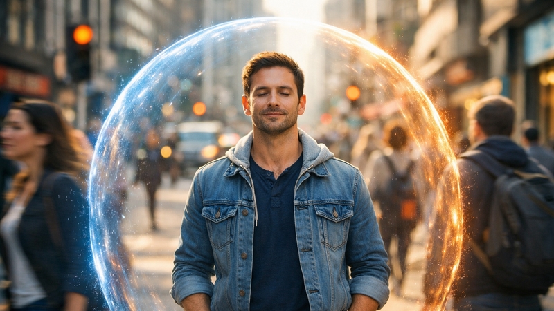 Člověk chránící si svou vnitřní energii v rušném prostředí