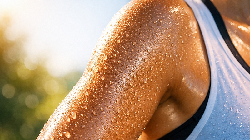 Detailní pohled na kapky potu na lidské pokožce jako projev přirozené termoregulace