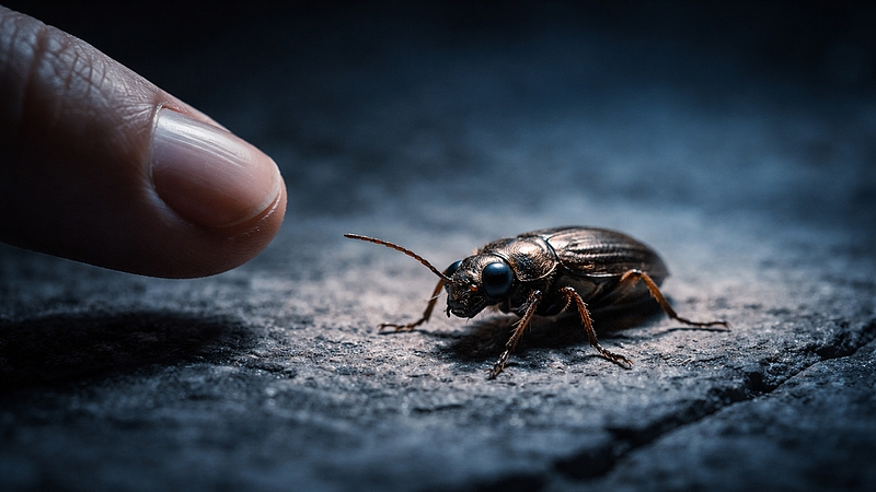 Detailní pohled na nehybný hmyz a lidskou ruku jako symbol psychologického odporu