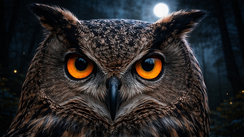 Detailní pohled na oči sovy jako symbolu dokonalého nočního vidění
