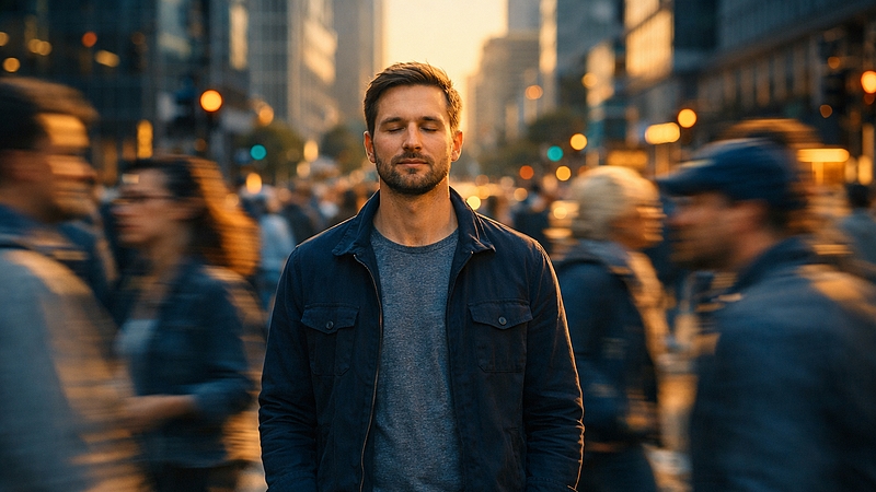 Klidný člověk uprostřed shonu jako symbol vědomého zastavení během dne
