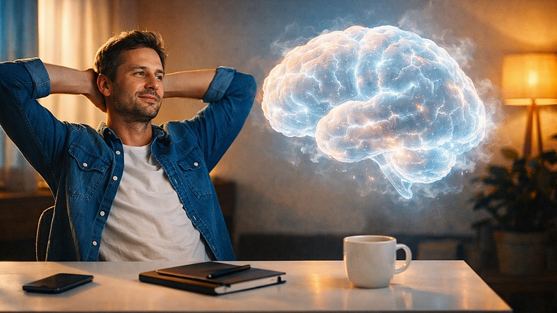 Koncept AI jako externího mozku, který pomáhá člověku organizovat myšlenky a snižovat stres