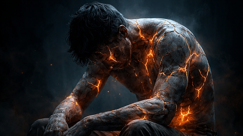 Metafora fyzické bolesti a křehkosti těla způsobené dlouhodobou psychickou únavou