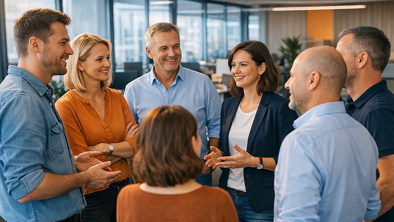 Moderní tým v kanceláři spolupracující na principu rovnosti a vzájemného respektu