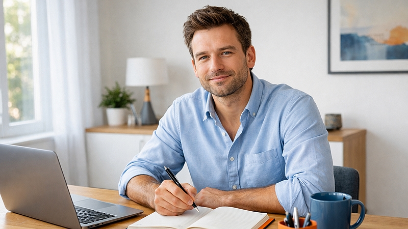 Spokojený člověk spravující své finance a rozpočet v klidném domácím prostředí