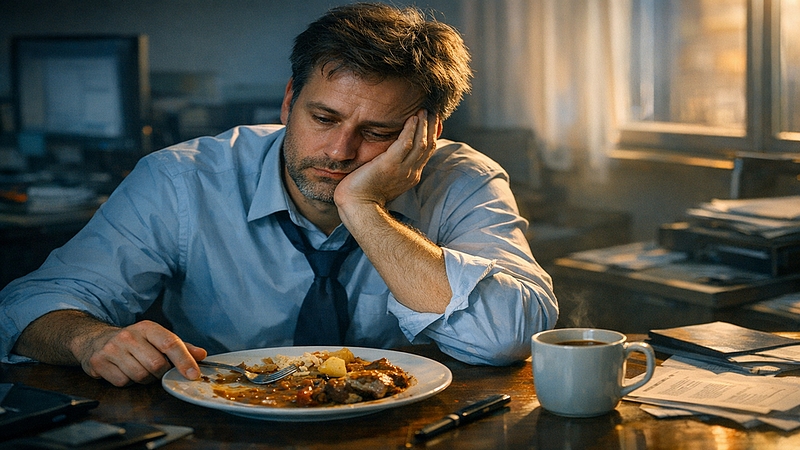 Unavený člověk v kanceláři bojující s odpoledním útlumem energie po obědě